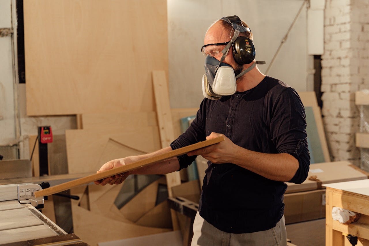 Carpenter wearing safety gear plans woodwork in a busy workshop environment.