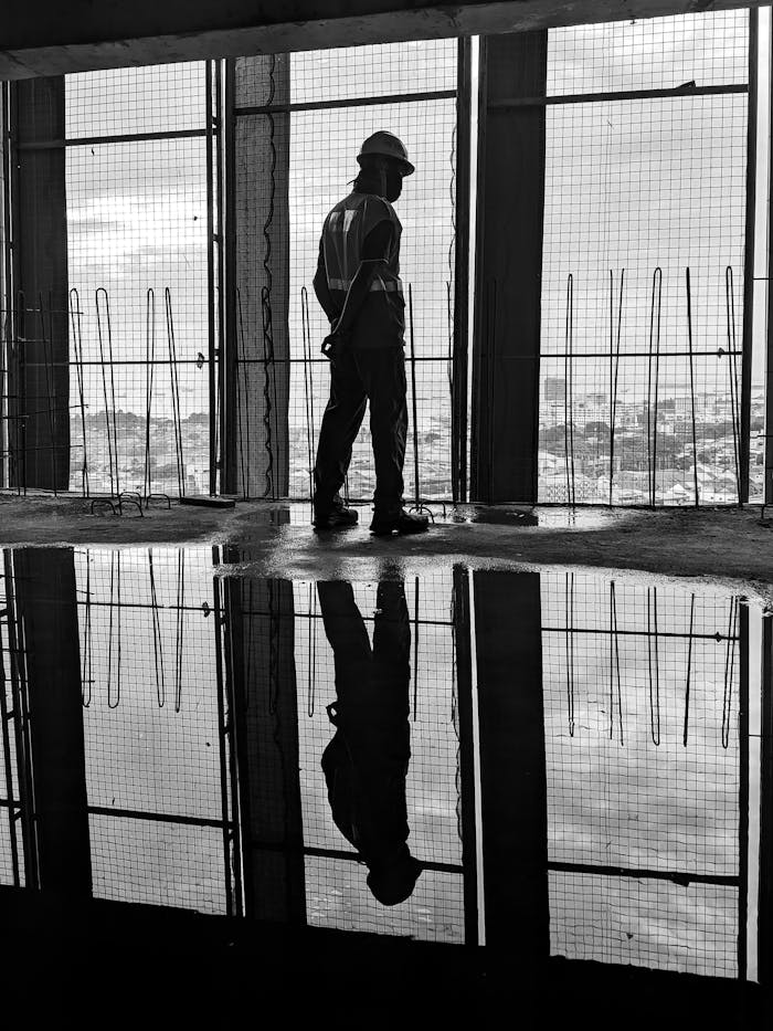 Black and white photo of a construction worker